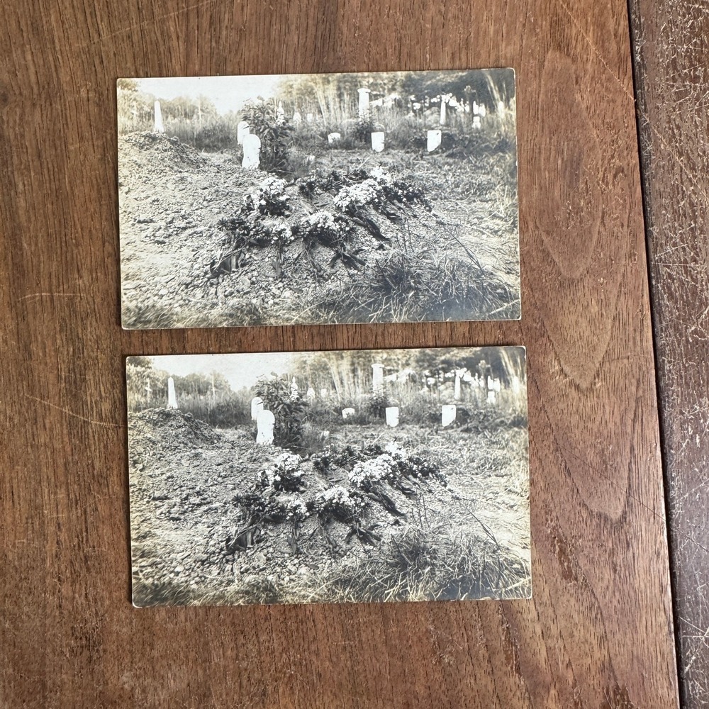 Pair (2) Antique Snapshot pictures postcards Gravesite flowers Charles Froman